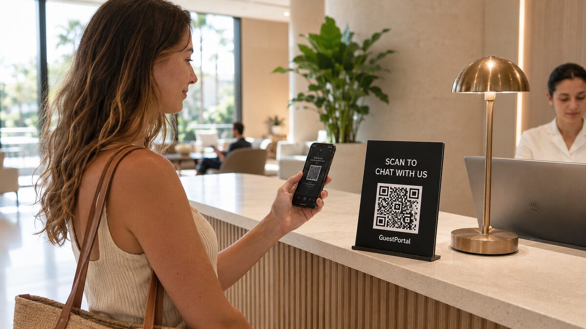 Guest scanning QR code at hotel reception